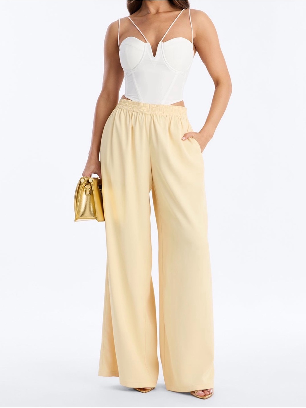 Fashion Nova Pale Yellow Wide-Leg Elastic Waist Pants